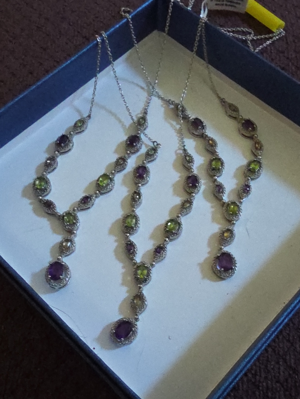 Silver Necklace with Purple and Green Gemstones